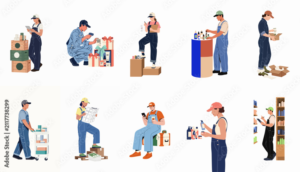 Fototapeta premium Flat vector illustration set of warehouse and retail workers performing various inventory management, shipping, and fulfillment tasks in a professional environment.