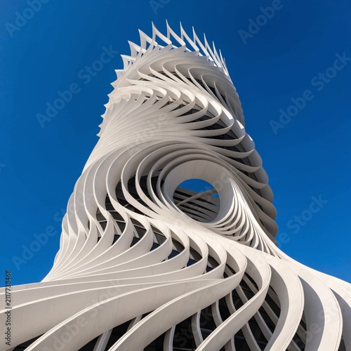 A futuristic white abstract twisted spiral building against a blue sky