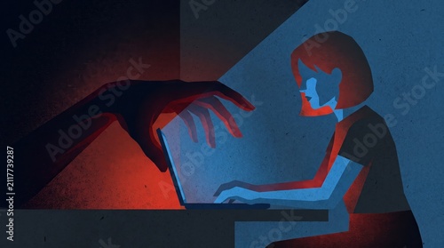 illustration of caucasian woman using laptop with giant menacing hand reaching from dark. concept of cyberstalking, online harassment and cybercrime. banner, website header