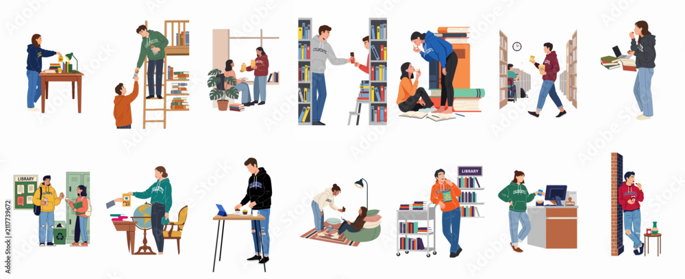 Fototapeta premium Flat Illustration Set of Students Studying and Snacking in a Library or College Campus Environment
