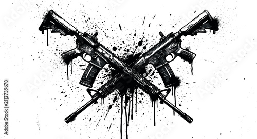 Fotografie Crossed assault rifles automatic guns vector illustration with grunge black pain