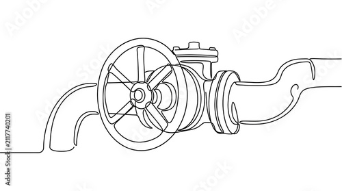 Cuadro en lienzo Continuous Line Art Drawing of Industrial Pipe Valve and Handwheel