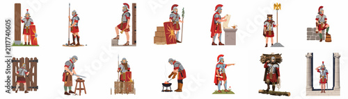 Fotografía Collection of Ancient Roman Soldier Illustrations Depicting Various Military Act