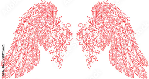 Bild auf Leinwand Red Angel Wings with Floral Details and Exotic Feathers Line Art Vector Illustra