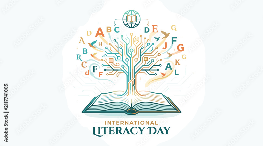 Fototapeta premium International Literacy Day tree growing from open book.