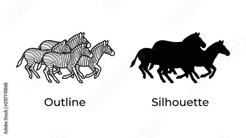 Fotografía Zebra Herd Outline and Silhouette: A striking comparison showcasing a group of zebras in both a detailed outline illustration and a bold black silhouette