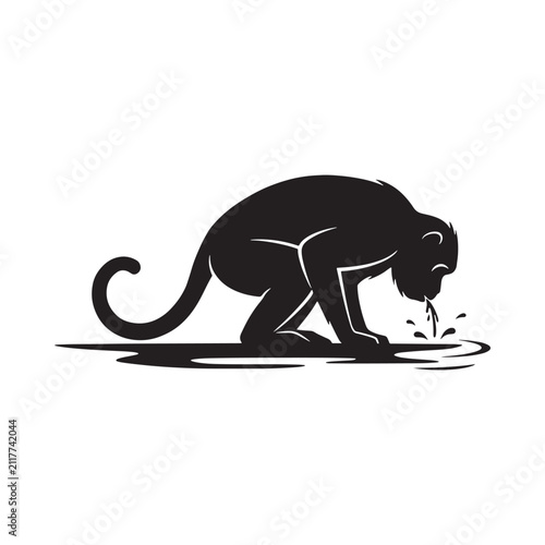 Sticker Monkey Silhouette Drinking From Water Black And White Graphic