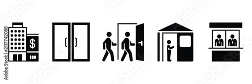 Quadro su tela Building architecture icon set, bank entrance, people entering doorway, business reception desk, visitor symbols, minimalist black and white, editable vector, isolated on transparent background