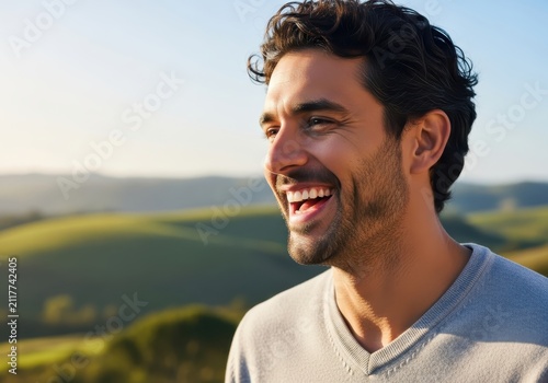 Happy Handsome Middle-Aged Man Laughing Outdoors in Nature with Rolling Green Hills Background at Sunset
