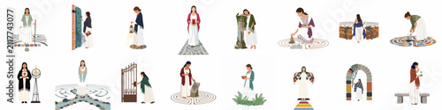 Foto A collection of archetypal feminine illustrations depicting women on spiritual journeys, featuring labyrinths, ancient symbols, and quiet reflection in a flat minimalist style