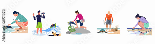 Set of flat illustrations depicting marine biologists and volunteers conducting sea turtle research, conservation, and monitoring on coastal beaches and in the ocean.