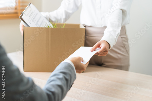 Принти на полотні Unemployment quitting job, desperate asian young business woman send resignation