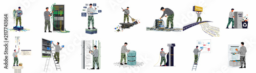 Set of IT metaphors featuring a technician performing software development, server maintenance, data management, and system optimization tasks in a modern work environment.