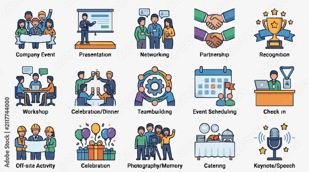 Fototapeta premium Creative Illustrated Icons Showcasing Various Corporate Event Elements with Colorful Characters and Activities