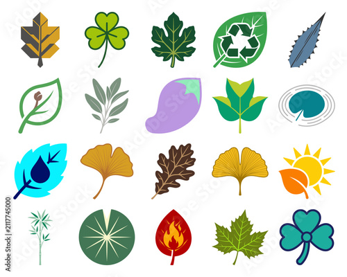 Diverse set of leaf icons and nature symbols including maple, ginkgo, clover, and eco-friendly recycle graphics for environment design.