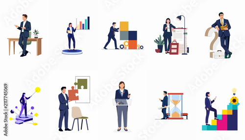 Flat Vector Illustration Set of Business People Representing Various Concepts Like Growth, Leadership, Time Management, and Strategic Planning