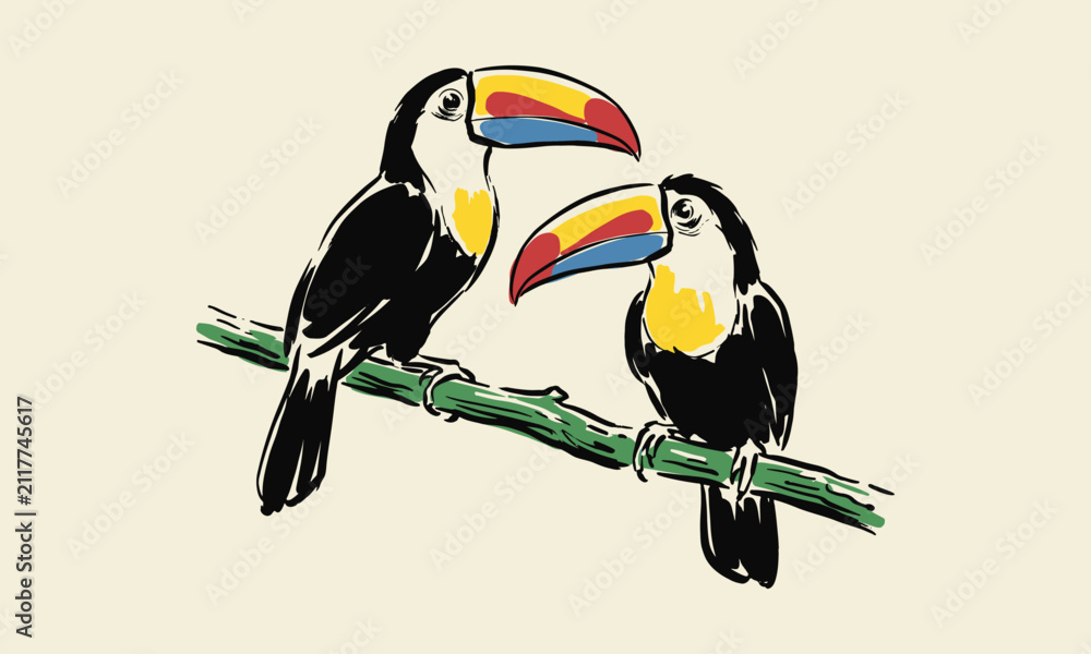 Obraz premium Artistic illustration of two toucans sitting on a branch. Hand drawn tropical bird artwork.