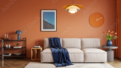Modern living room interior with terracotta wall beige sofa and blue accents