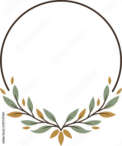 A decorative botanical wreath circles the center with green and gold leaves.