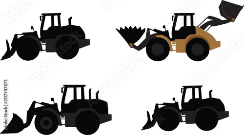 Obraz na płótnie Black and white of four different tractors with various attachments farm agricul