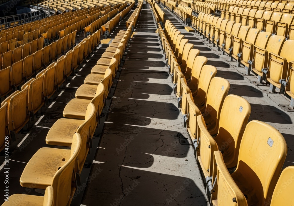Fototapeta premium Rows of Empty Yellow Plastic Seats in a Large Sports Stadium with Strong Shadows and Geometric Patterns