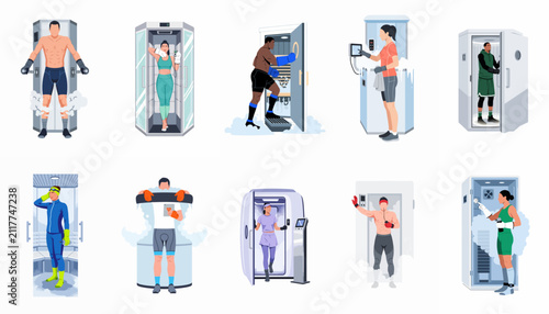 Flat Vector Illustration Set of Athletes and People Using Professional Cryotherapy Chambers and Cold Saunas for Physical Recovery and Body Wellness