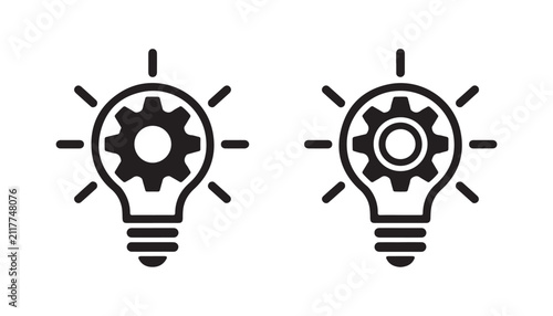 Industrial light bulb icons with gear wheels representing system optimization and mechanical solutions.