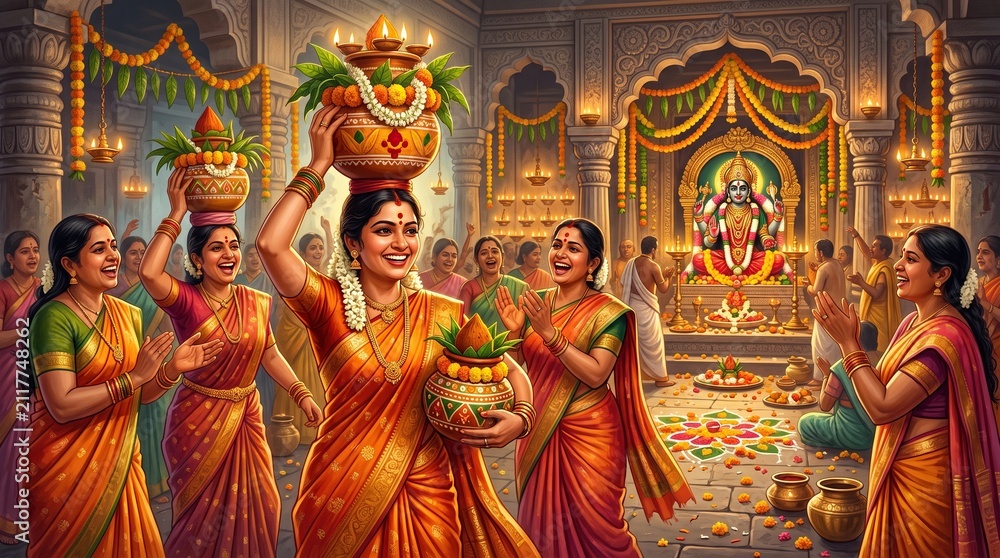 Fototapeta premium Indian women in colorful traditional sarees celebrating festival with decorated kalash pots inside temple, diwali celebration, festive ritual.