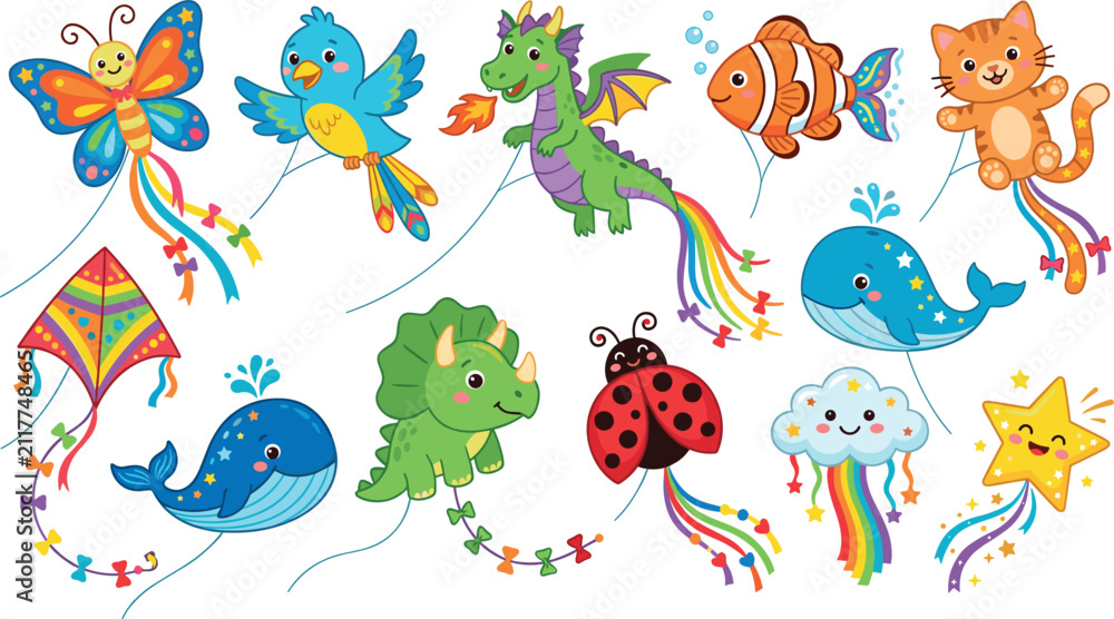 Obraz premium Cute kawaii animal flying kites vector icon set featuring butterfly bird dragon fish cat dinosaur whale ladybug cloud and star,