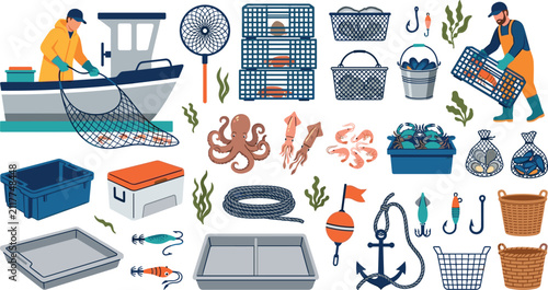 Foto Commercial seafood fishing vector elements set featuring fishermen trawler boat