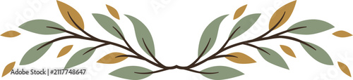 A decorative leafy branch extends across the frame with green and gold leaves. Divider design