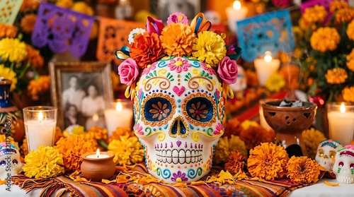 Colorful sugar skull centerpiece of a traditional Day of the Dead altar