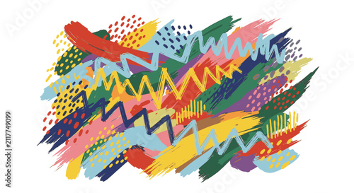 Hand-painted abstract background with colorful multi-colored brushstrokes, energetic zigzag lines, and stippled dot patterns on white. Artistic composition with red and yellow paint.