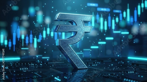 Economic progress and market growth indicated by a shining Indian rupee symbol against abstract blue financial charts.