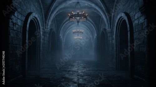 Gloomy empty passage in a medieval dungeon castle hall with a long dark stone corridor.