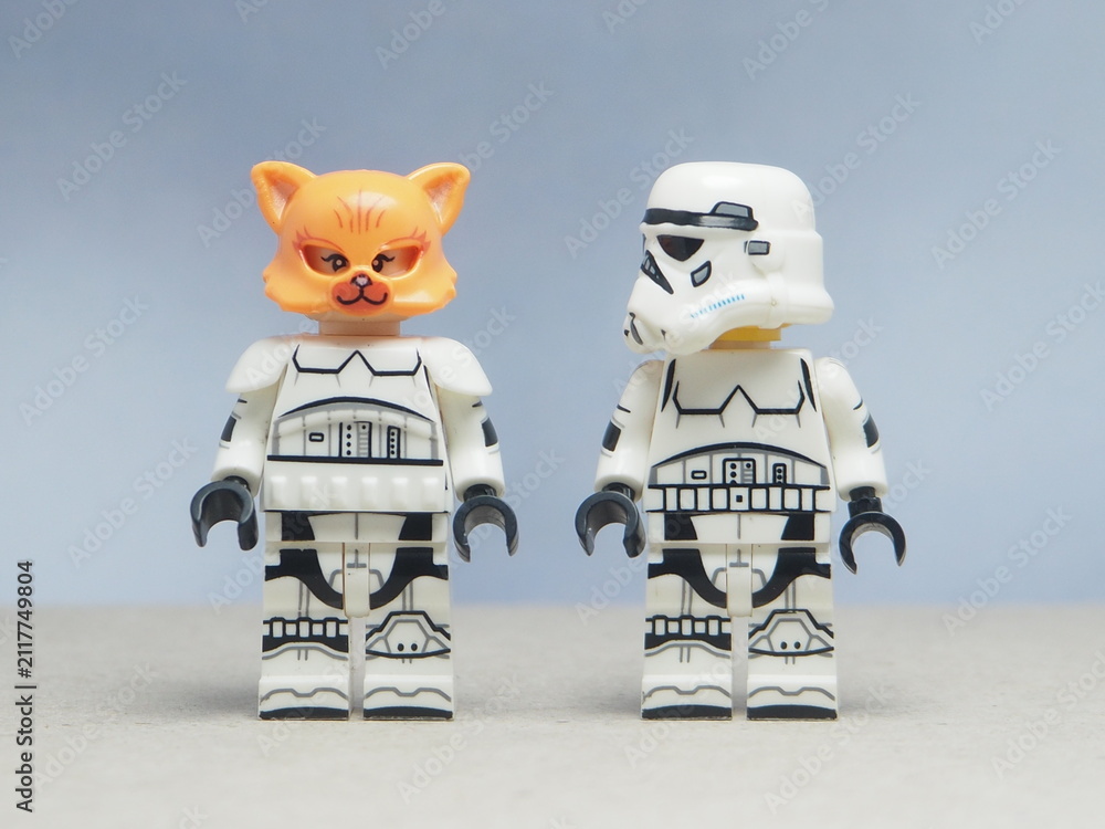 Fototapeta premium Indonesia - May 16, 2025 : Mini toy of action figure at table with blurred background. Miniature photography concept design. Minifigure of Stormtrooper character with orange cat. Surprise moment.