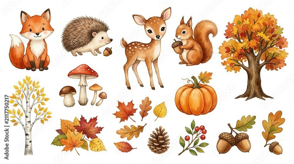 Fototapeta premium Autumn woodland animal illustration fox deer hedgehog squirrel pumpkin mushrooms fall leaves cozy forest photo