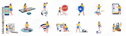 Conceptual illustration set of a young woman navigating social media, online safety, digital kindness, anti-bullying themes, and mental well-being in a digital landscape.