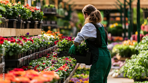 Plant nursery employee organizing colorful flower pots inside a busy garden center during spring season