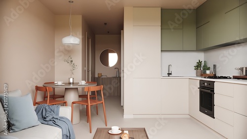 Bright and modern open-plan apartment interior with minimalist kitchen, stylish dining area, and cozy living space
