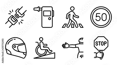 Set of 8 monochrome line icons for National Traffic Day