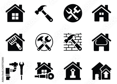 Renovation icon set, home improvement, repair, construction, remodeling, maintenance, tools, renovation symbols, editable vector, isolated on transparent background.