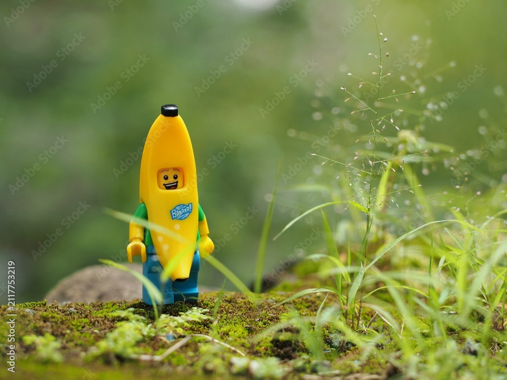 Fototapeta premium Indonesia - February 14, 2023 : Mini toy figure of banana character at outdoor with blurred background. Toy photography concept design.