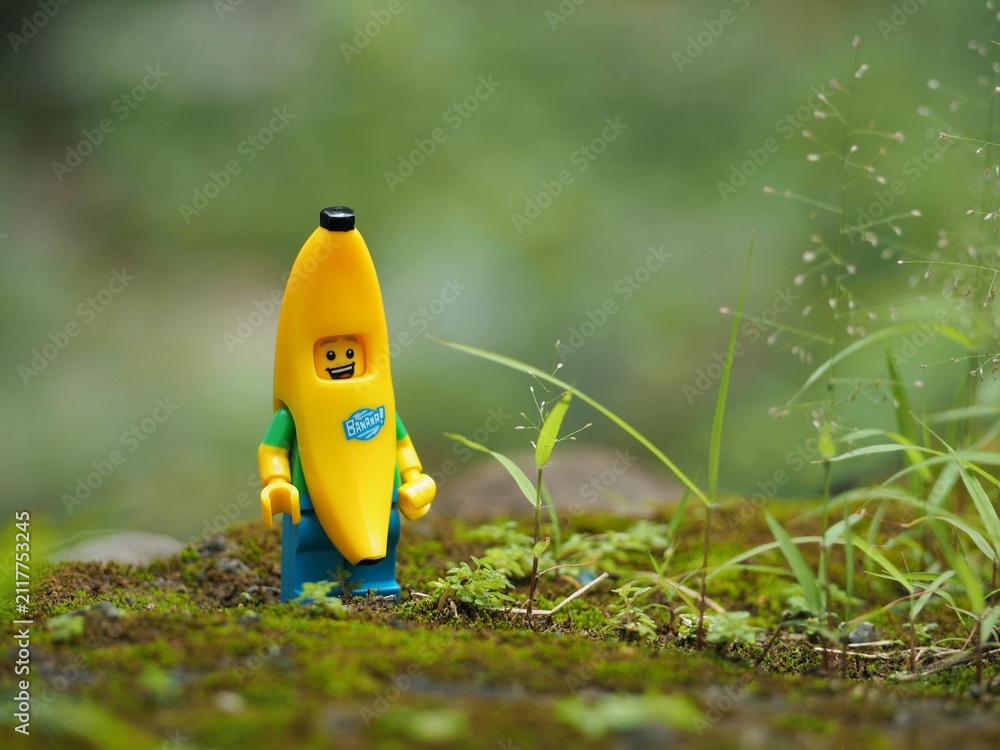 Fototapeta premium Indonesia - February 14, 2023 : Mini toy figure of banana character at outdoor with blurred background. Toy photography concept design.