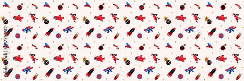 Pattern groovy sticker with planes, rockets and bombs