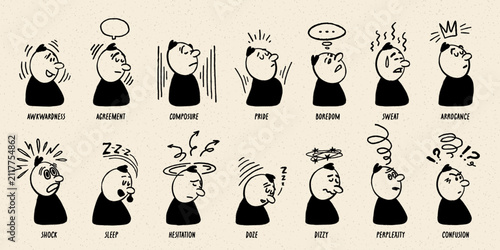 Comic character set with expressive faces and vintage style symbols showing e...