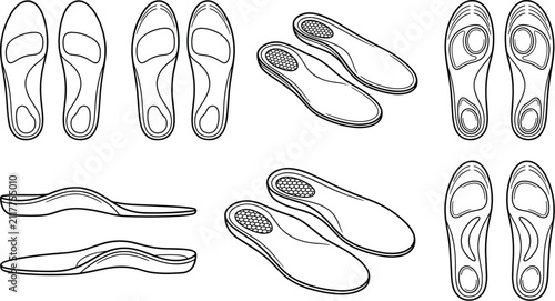 Obraz na płótnie Orthopedic shoe insole line icon set with arch support foot pads side view and t