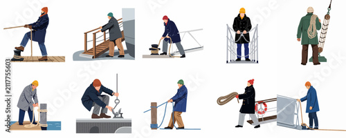 Obraz na płótnie Set of flat illustrations depicting professional sailors and dockworkers performing various maritime tasks like mooring, carrying ropes, and boarding ships