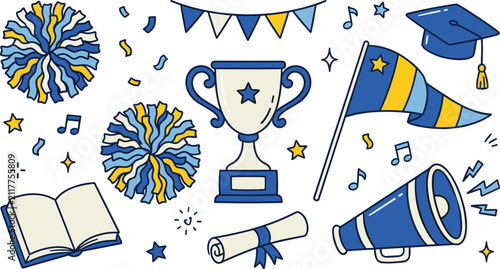 Bild auf Leinwand School spirit and graduation celebration doodle icon set featuring trophy cup po