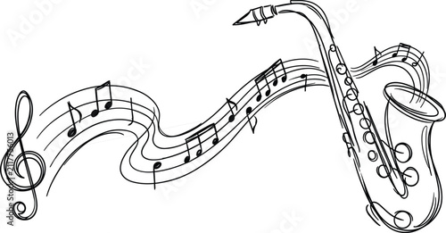 Hand drawn saxophone vector illustration with flowing wavy musical staff clef notes for jazz poster background